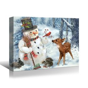 Framed Canvas Wall Art Decor Painting For Chrismas, Cute Snowman with Deer Chrismas Gift Painting For Chrismas Gift