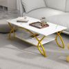 2-Tier Faux Marble Coffee Table with Marble Top and Metal Frame